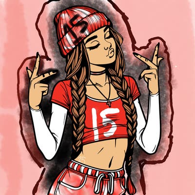 realistic teenage girl with braids and a beanie and crop top doing 🫶🏼