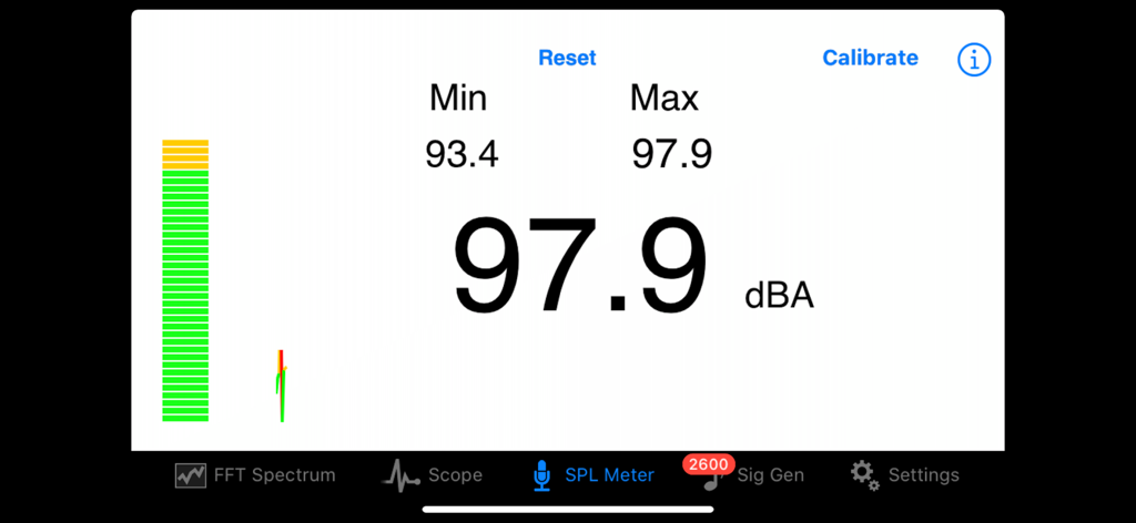 Interface of the Audio Kit app displaying an SPL meter with real-time decibel level readings for professional sound analysis.