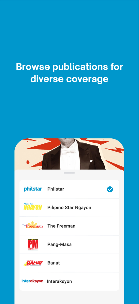 Tela do aplicativo Philstar mostrando uma lista de publicações de notícias disponíveis, incluindo Pilipino Star Ngayon e The Freeman