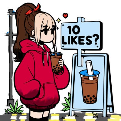 girl with oversized hoodie drinking boba and she has a high ponytail with a sign that says 10likes?