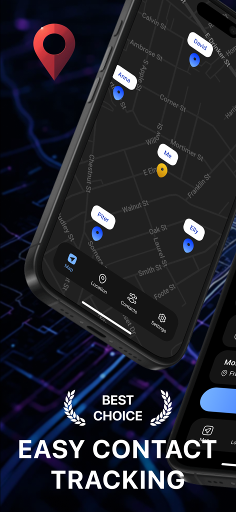 GPS-Locator: Geo Find Location - 어두운 지도에 여러 가족 연락처의 실시간 위치를 보여주는 모바일 앱 인터페이스.