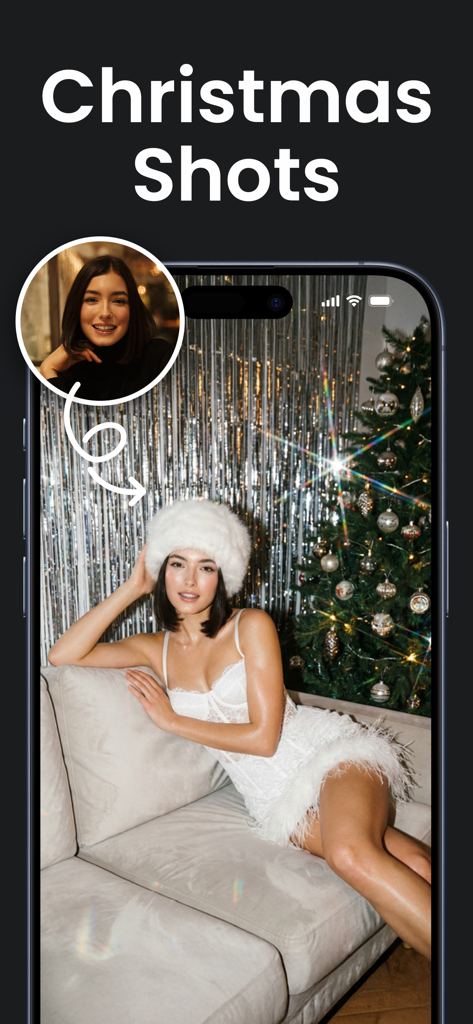 AI Photo Generator: ARTA - Smartphone displaying the AI Arta app converting a portrait into a festive Christmas photoshoot with a holiday tree background