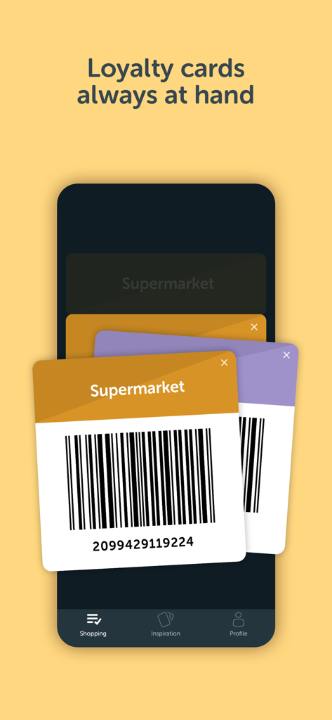 Tarjetas de fidelización digitales con códigos de barras en la app de compra Bring