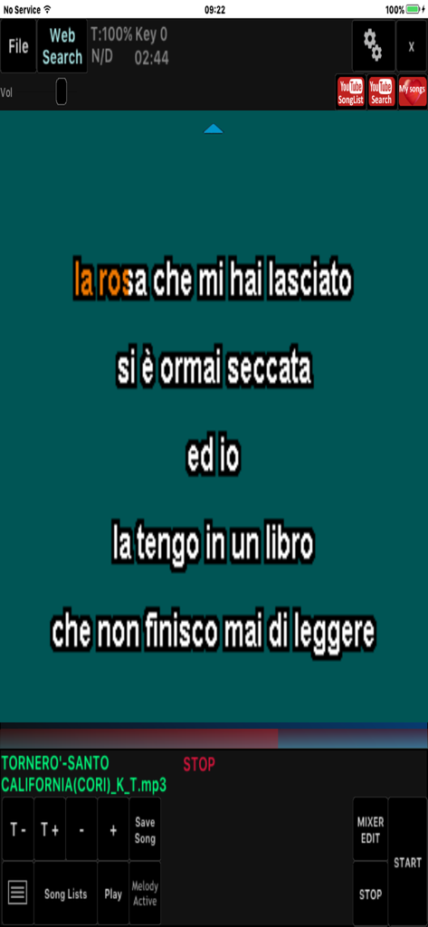 Winlive Pro Karaoke Mobile - Winlive Pro Karaoke Mobile performance interface showing lyrics and playback controls