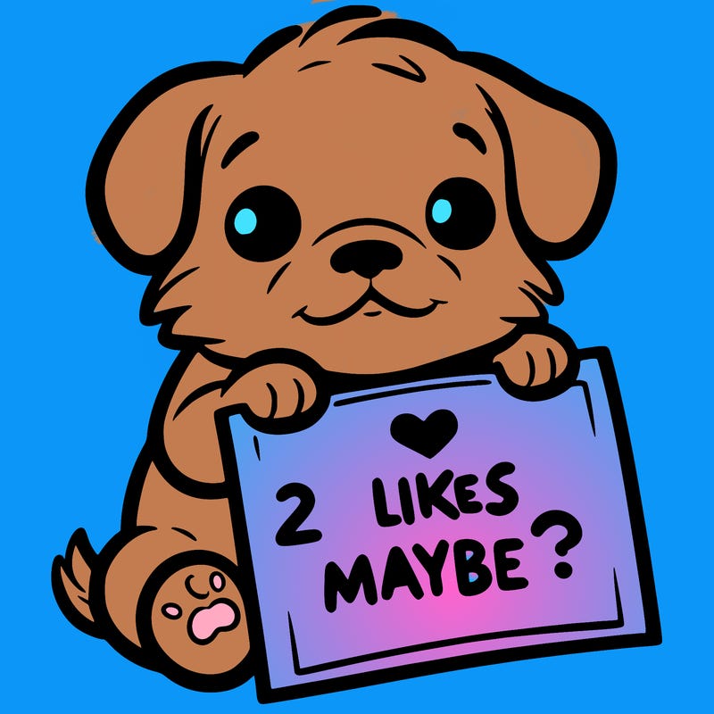 a puppy holding a sign that says 2 likes maybe?