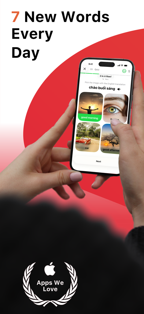 ベトナム語学習アプリのインターフェース、iPhoneでの語彙クイズを表示