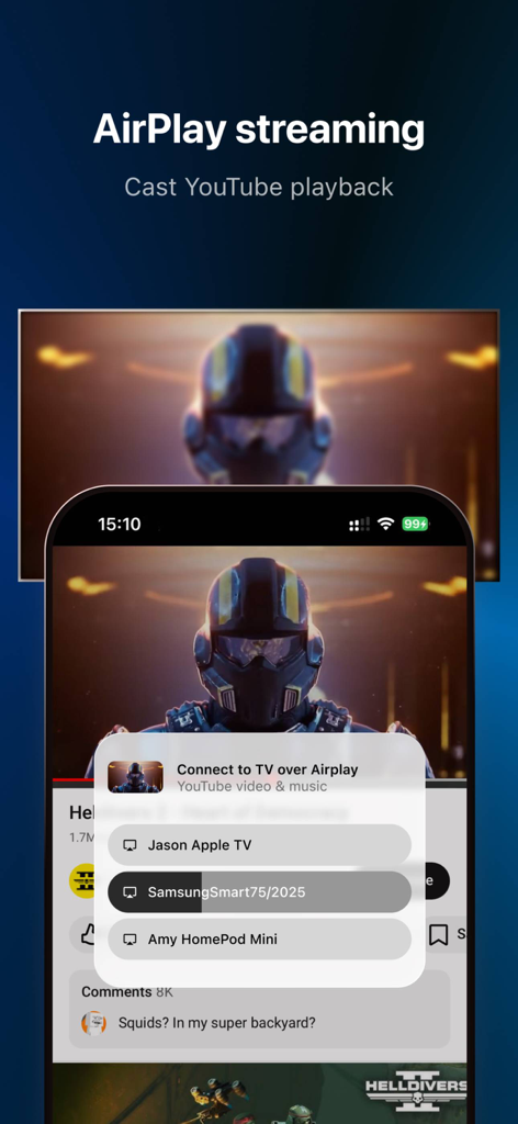 Tube PiP: PiP for Youtube - Tube PiPアプリのスクリーンショットに、YouTube動画をApple TVやその他のスマートデバイスにキャストするためのAirPlayストリーミングメニューを表示