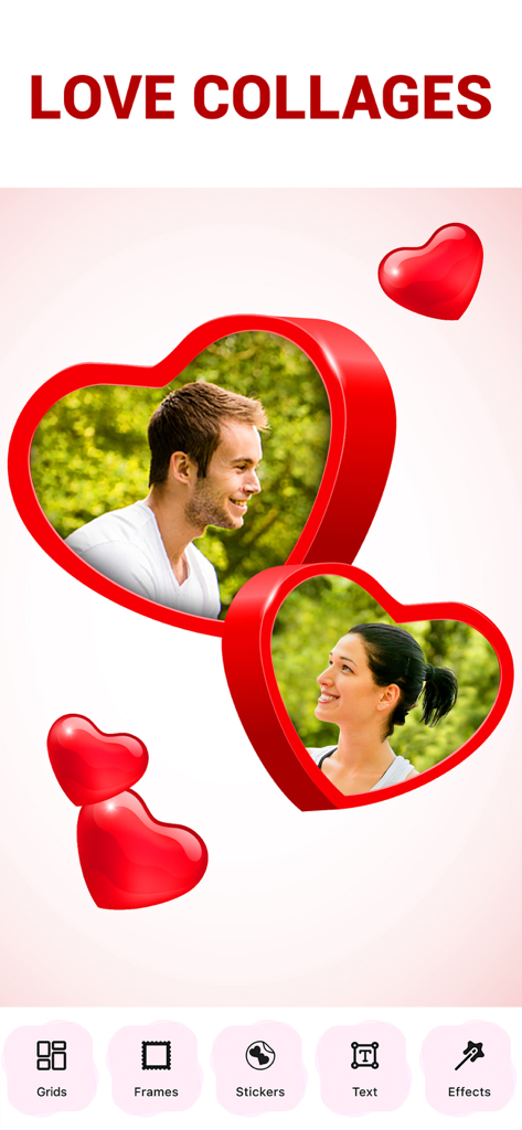 Love Collage Maker & Editor - Love Collage Maker app interface featuring heart-shaped photo frames and editing tools.