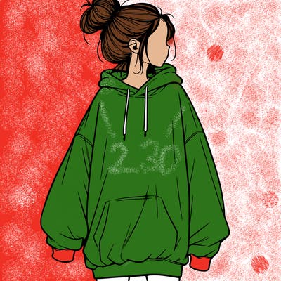 realistic girl with a oversized sweatshirt on and a bun