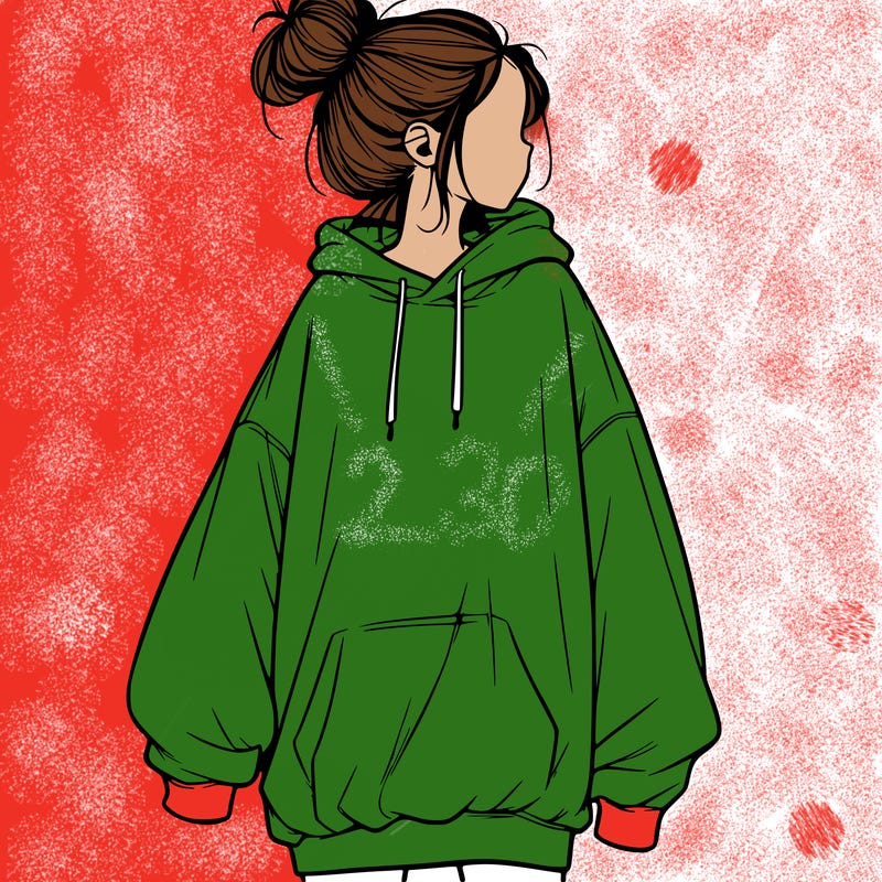 realistic girl with a oversized sweatshirt on and a bun