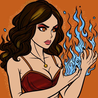 a realistic woman having the power of fire