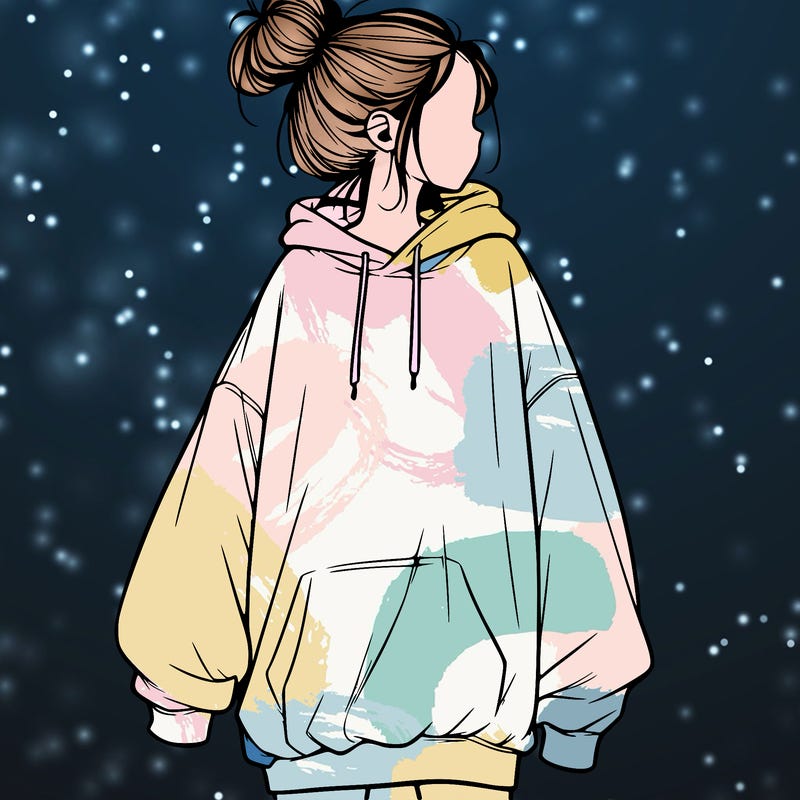realistic girl with a oversized sweatshirt on and a bun