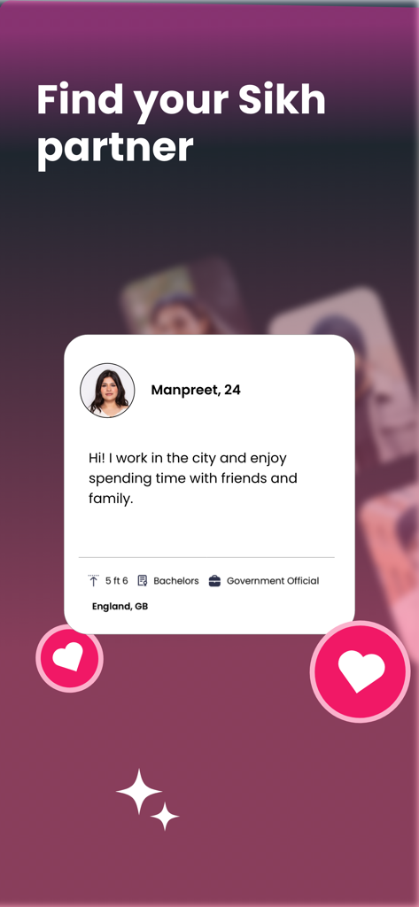 A user profile on the Sikhing dating app showing details like age education and occupation for a Sikh woman