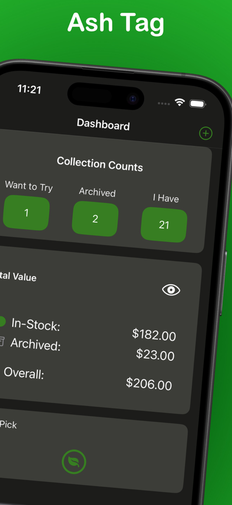 Panel de control de la aplicación Ash Tag mostrando recuentos de colección de puros y valor total del inventario