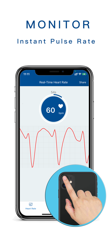 Instant Pulse - Blood Pressure - Instant Pulse app interface showing real-time heart rate measurement with a pulse waveform and finger on camera illustration