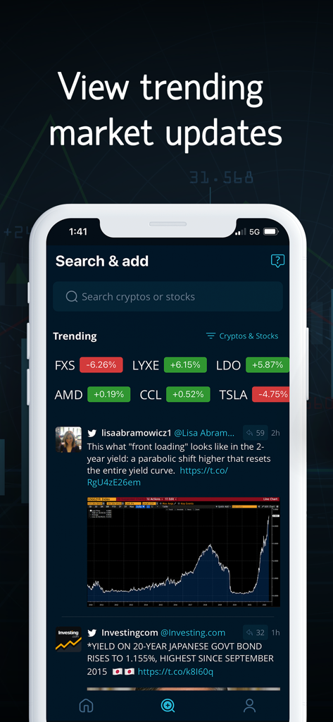 추세 주식 가격과 통합된 소셜 미디어 금융 업데이트를 보여주는 LiveQuote 앱 화면