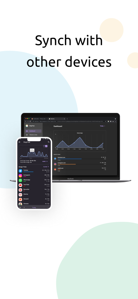 StayFree - Block Apps & Sites - Datos de tiempo de pantalla de StayFree sincronizados entre un teléfono móvil y una computadora portátil