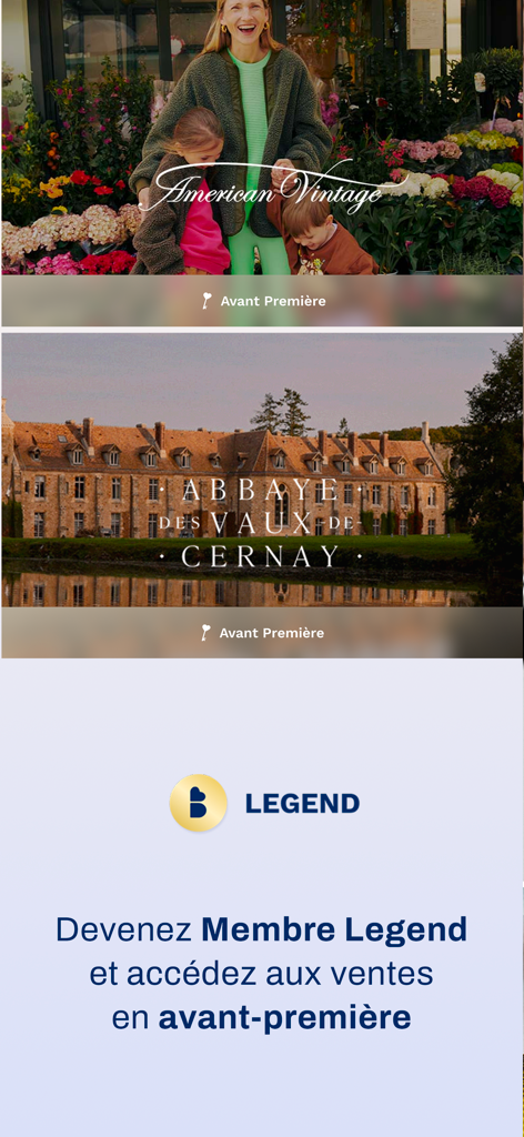 The Bradery - Private Sales - プレミアムファッションとラグジュアリートラベルセールへの早期アクセスを提供するLegendメンバーシップを宣伝するThe Braderyアプリ画面