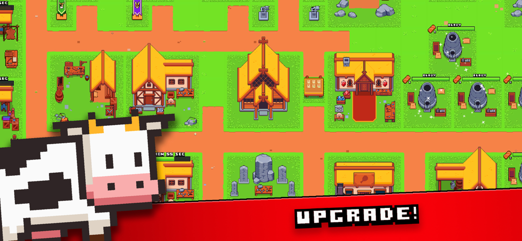 Pixel Tribe - Vista aérea de una aldea vikinga de arte pixelado en Pixel Tribe, con edificios y una vaca.