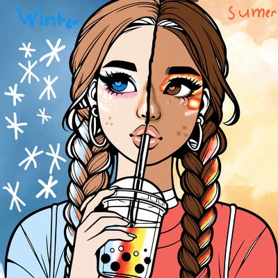 realistic girl with braided hair drinking boba
