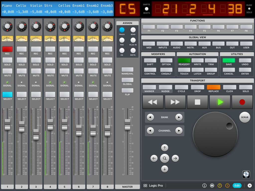 ONE Control Plus - Interface do aplicativo ONE Control Plus para iPad apresentando um controlador DAW Logic Pro com faders digitais e controles de transporte