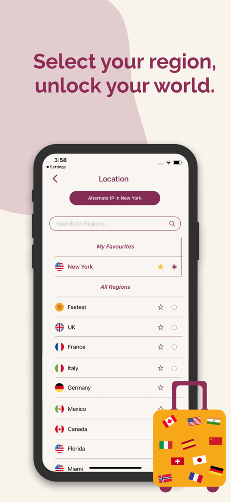 Interface de l'application VPN Pro affichant une liste d'emplacements de serveurs mondiaux et de régions pour la navigation privée