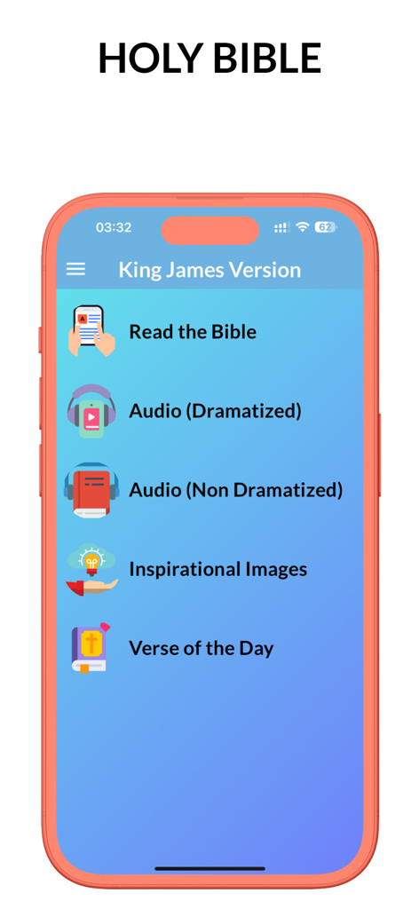 Bible KJV - King James Audio - Pantalla de inicio de la aplicación Bible KJV que muestra opciones de menú para leer, audio, imágenes inspiradoras y versículo del día