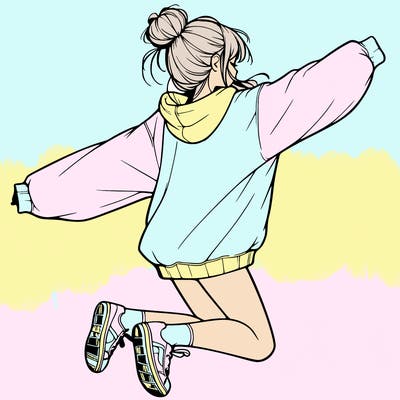 realistic girl jumping with a bun and oversized sweatshirt