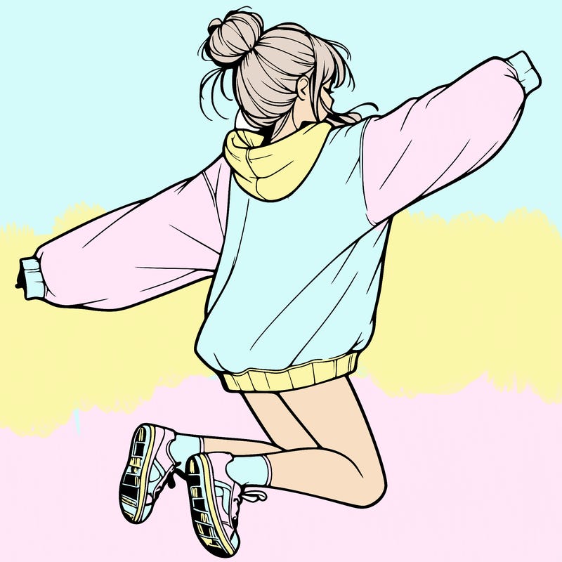 realistic girl jumping with a bun and oversized sweatshirt