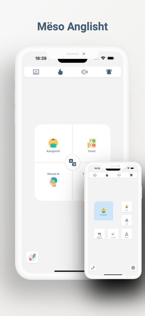 Meso Anglisht - アルバニア語話者向けの学習カテゴリー、テスト、AIレッスンが表示されているメソ・アングリシュアプリのインターフェース