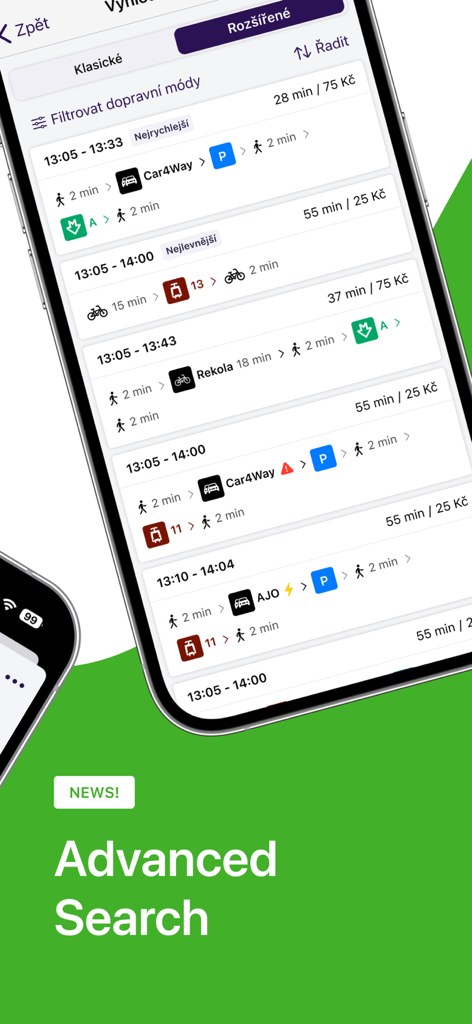 PID Lítačka - PID Litacka app showing advanced search results for multimodal transport options in Prague including metro car sharing and bikes.
