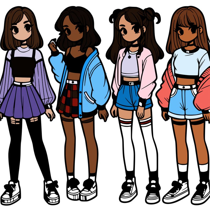 one girl with crop-top shirt and a jacket with a skirt, long socks and another girl with a shirt and pants with a jacket