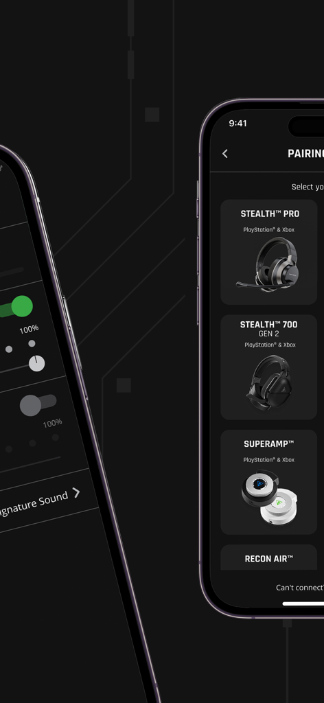 Turtle Beach Audio Hub - Turtle Beach Audio Hub app interface for selecting and pairing gaming headsets like the Stealth Pro and Stealth 700