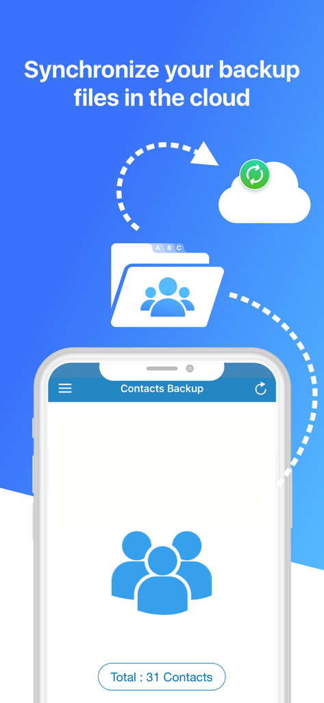 Contacts Backup Pro app interface showing cloud synchronization of contact files