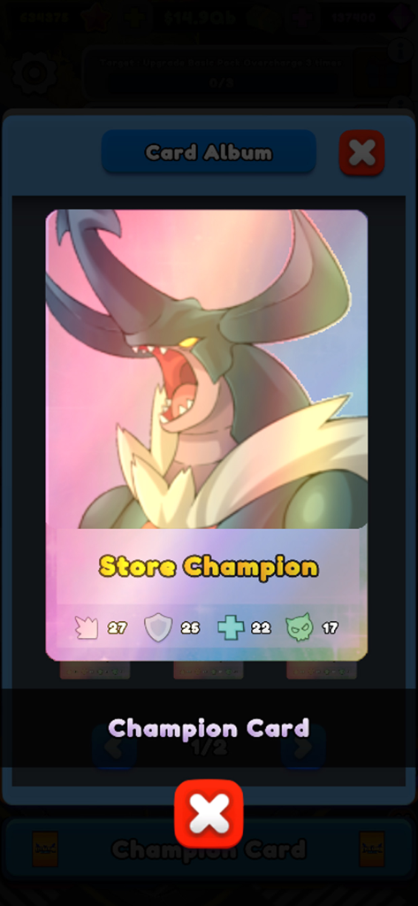 TCG Card Shop Tycoon Simulator - A rare Store Champion trading card displayed in the card album of the TCG Card Shop Tycoon app