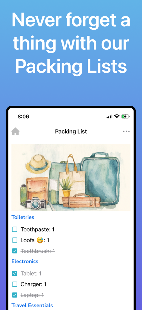 Itinerary Maker for Vacations - Una interfaz de aplicación móvil que muestra una lista de equipaje de viaje con casillas de verificación para artículos de tocador y electrónica junto a una ilustración en acuarela de equipaje.