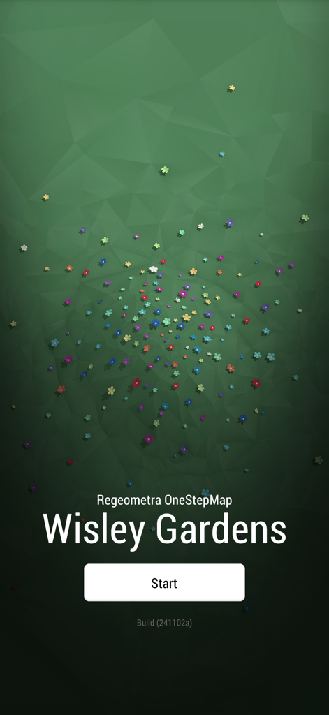 Wisley Gardens Interactive Map - The home screen of the Wisley Gardens Interactive Map app with a start button and decorative floral background.