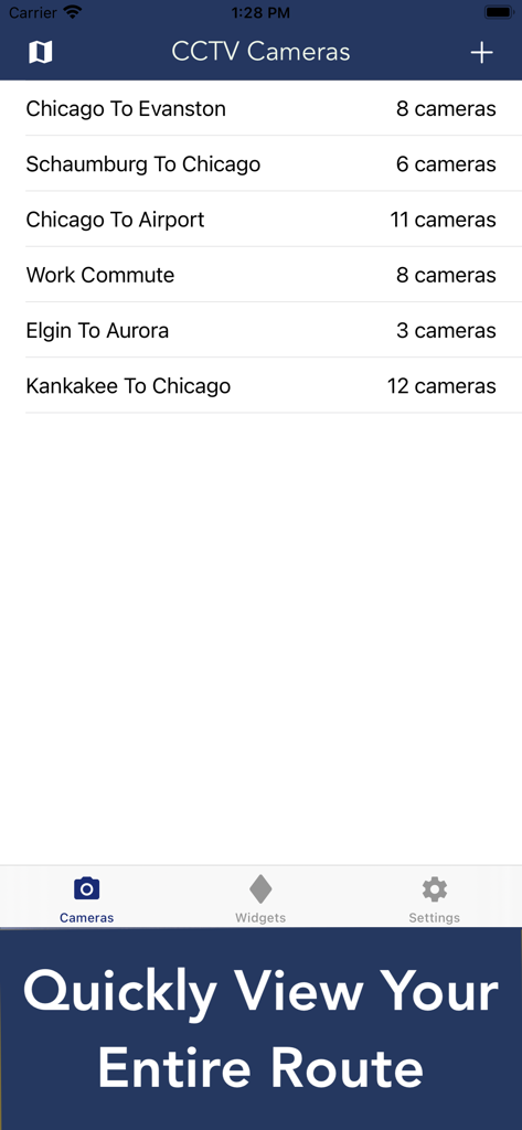 A list of custom traffic camera groups for Illinois commuting routes including Chicago to Evanston and Work Commute