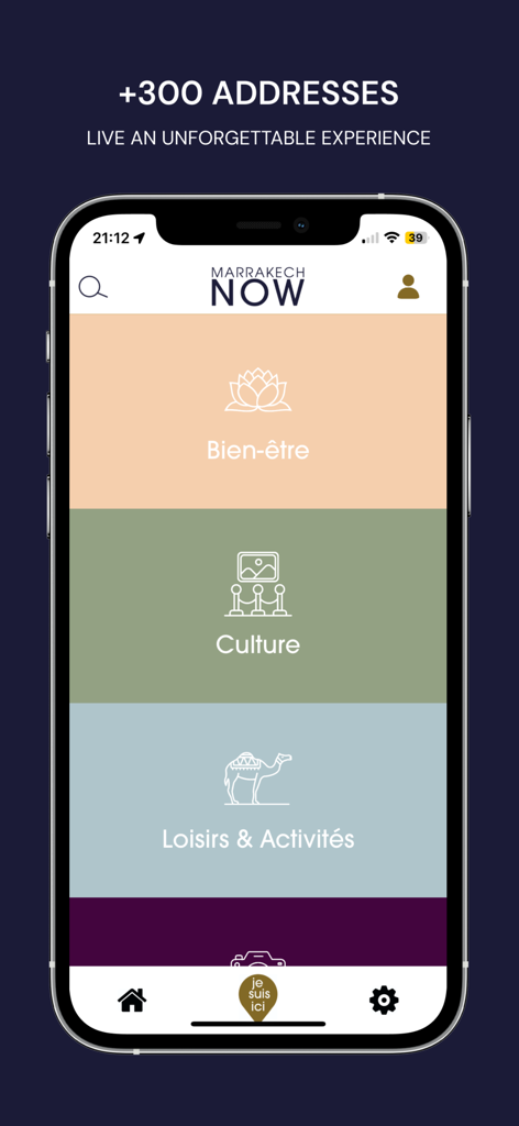 Marrakech NOW - Travel guide - Marrakech NOW travel guide app menu displaying wellness culture and leisure categories