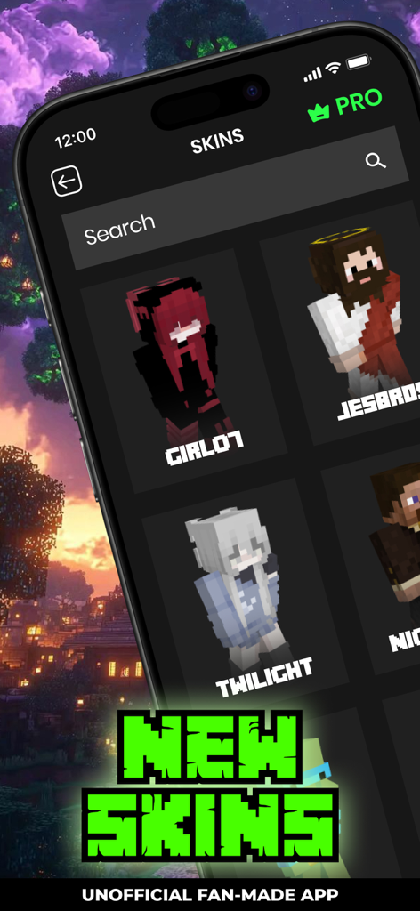 MCPE AddOns, Maps & Skins Pack - Una interfaz de aplicación móvil que muestra una galería de nuevas skins personalizadas para Minecraft Pocket Edition