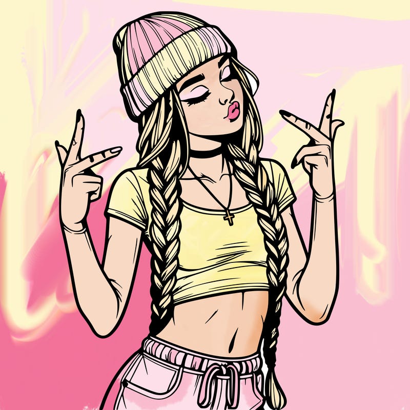 realistic teenage girl with braids and a beanie and crop top doing 🫶🏼