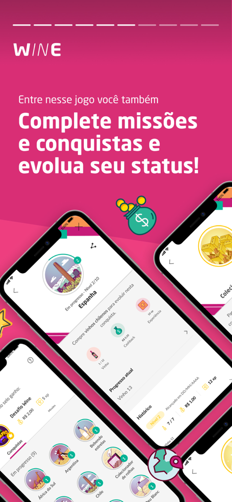 A mobile app screen showing a gamified loyalty program with wine missions and reward achievements