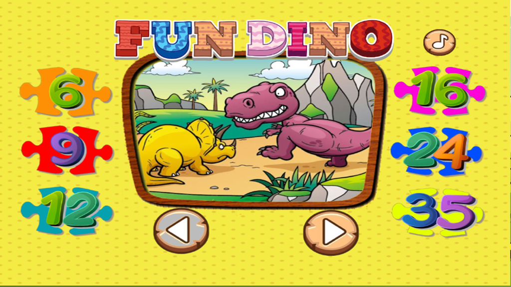 Dino Puzzle : Kids Dinosaurs Jigsaw Learning Games - Pantalla de selección del juego de rompecabezas de dinosaurios que muestra niveles de dificultad ajustables de 6 a 35 piezas