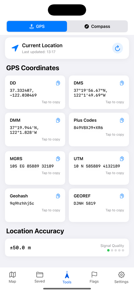 Dashboard showing various GPS coordinate formats including MGRS, UTM, and DMS for precise positioning.