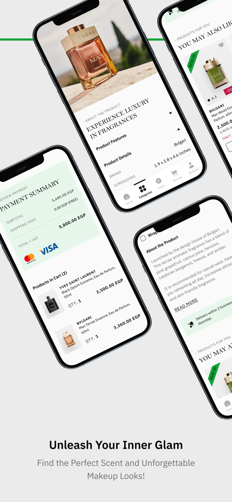 Mazaya Stores - Mazaya Storesモバイルアプリのインターフェース。高級香水とチェックアウトオプションが表示されています。