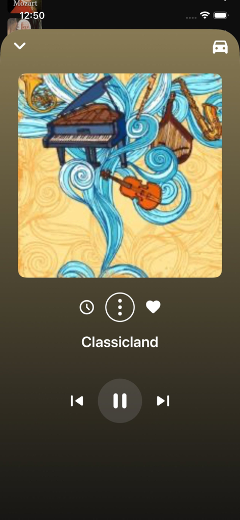 Classical Radio - Enjoy Music - クラシックラジオアプリのモバイル再生インターフェース。クラシックランドステーションと芸術的な楽器のイラストが表示されています。