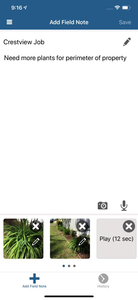 ExakTime Mobile app screen for adding field notes with text, photos, and audio recordings for a job site.