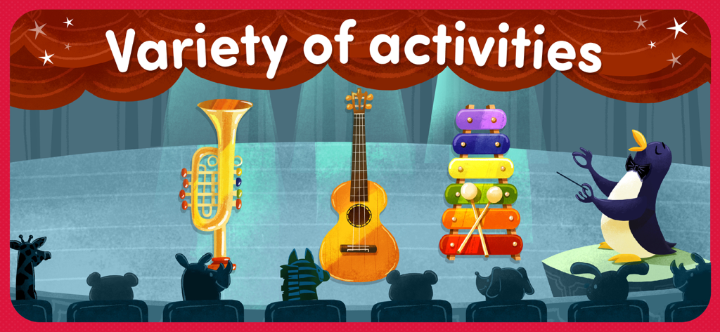 Match games for kids toddlers - A variety of musical activities for toddlers featuring a penguin conductor and instruments on a stage