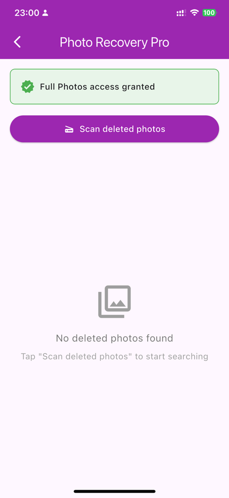 Photo Recovery - Restore - Interfaz de la aplicación Photo Recovery mostrando el botón de escaneo de fotos borradas.
