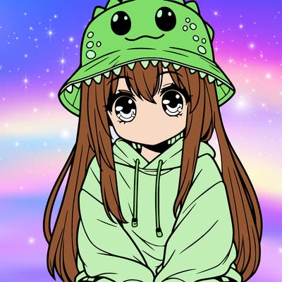 girl with anime shaped eyes with a dinosaur bucket hat oversized sweatshirt long straight hair